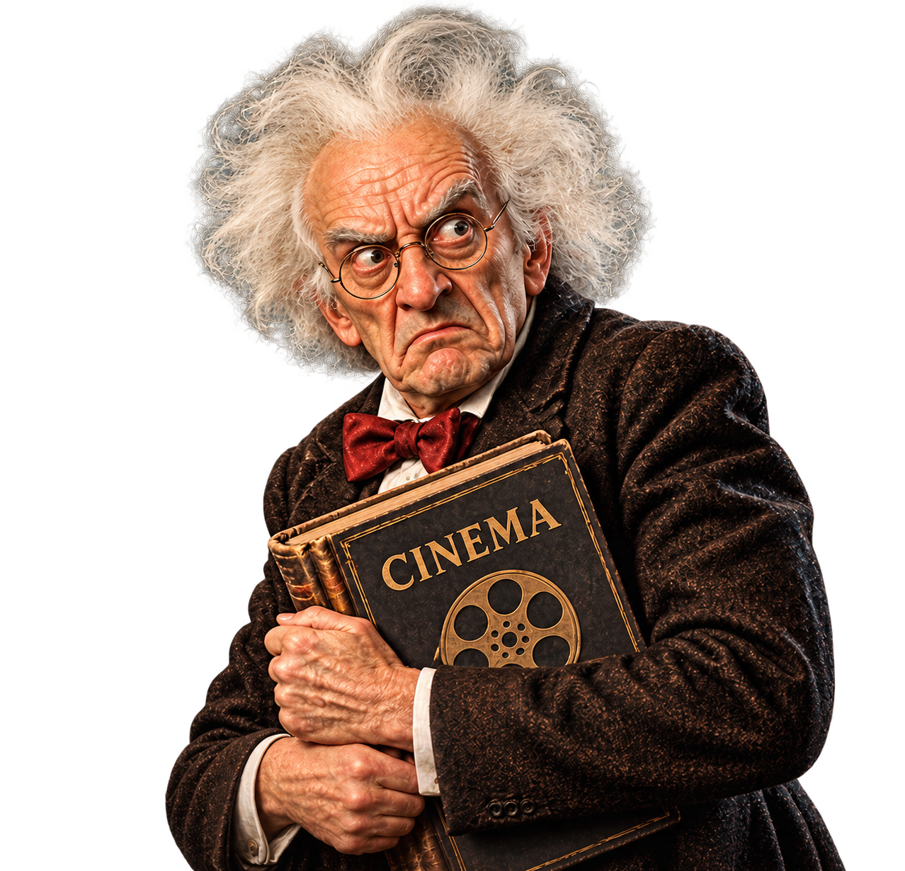 Anciano enfadado sujetando un libro de cine